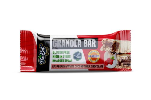 Dia-Wellness - FreEat Food Málnás Granola Bar kókusztejes fehér csokoládéval mártva 50g